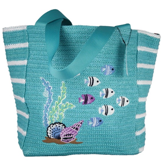 Vera Bradley Handbags - Vera Bradley Straw Tote Bag Antilles Treasure Beach Sea Theme NWT